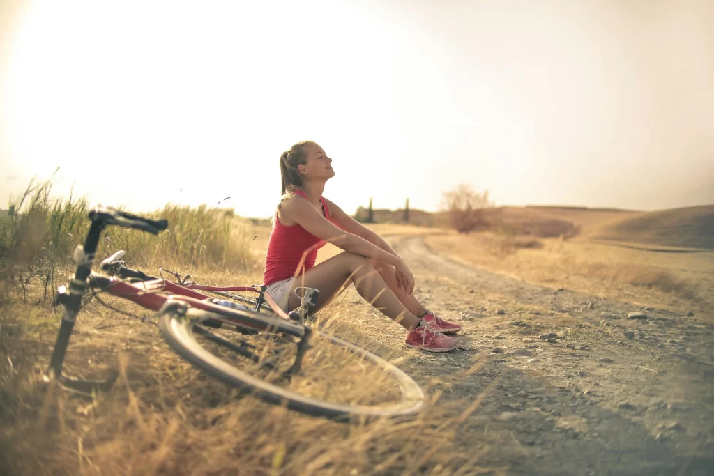 Bicycle, woman, break, breathing, productivity